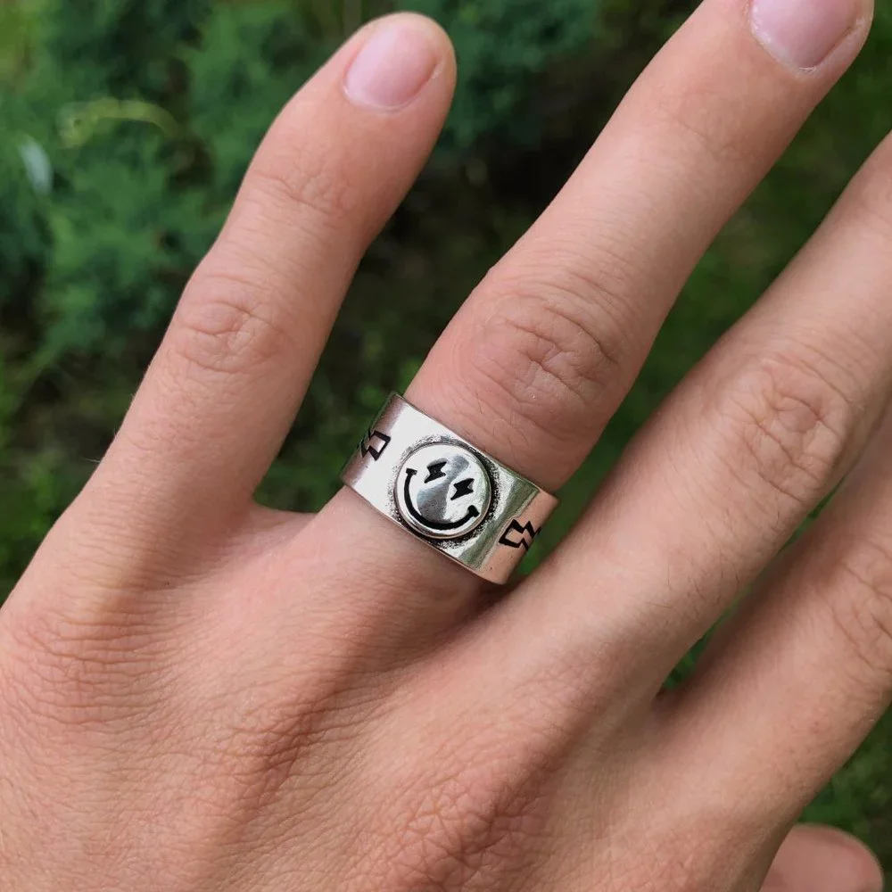 Rings for Men, Statement Rings, Smiley Face Ring, Happy Face Ring, Adjustable Ri